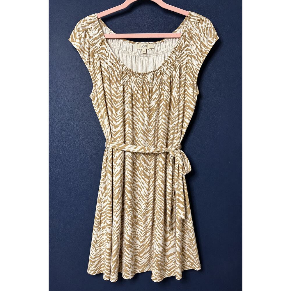 LOFT Womens Animal Print Tie Waist Dress Beige White Size Large